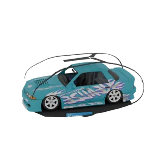 Modelo 3D de um sedan ciano com gráficos de chamas roxas e brancas, visto de lado.