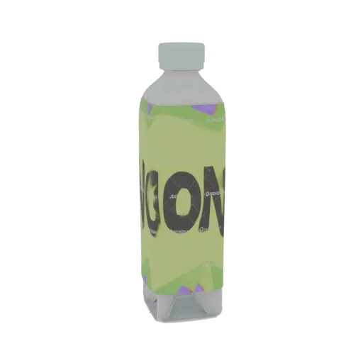 3D render of a translucent green bottle with a light blue cap and a prominent 'ICON' label in bold black text.