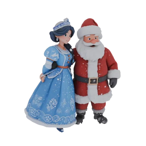 Modelo 3D de Snegurochka con vestido azul y Ded Moroz con traje rojo, juntos sobre nieve, estilo realismo cinematográfico.