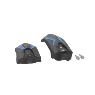 A 3D render of two futuristic bicycle fenders, dark grey with bright blue geometric accents, alongside two silver bolts, on a