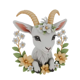 Modello 3D di una capretta carina con corona di fiori e ghirlanda floreale, su sfondo bianco.
