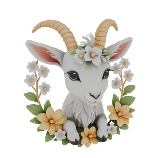 3D model of a cute baby goat wearing a flower crown and surrounded by a floral wreath, with a white background.