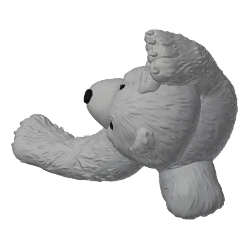 A 3D model of a fluffy white teddy bear lying on its back with its arms and legs spread out.