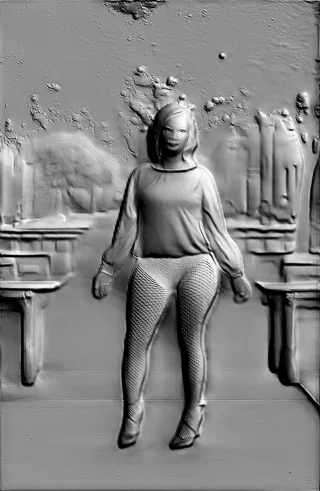 3D model of a woman bas-relief with fishnet tights, standing on a flat surface against an abstract landscape.