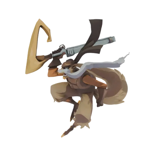 3D model of an anthropomorphic fox warrior in a dynamic pose, holding a rifle, with a flowing scarf and tail.