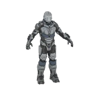 3D model of a sci-fi power armor suit with grey, black, and blue accents, standing in a neutral pose.