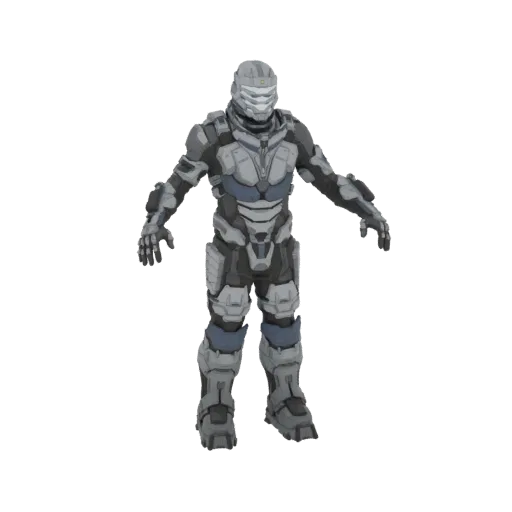 3D-Modell eines Sci-Fi-Power-Armor-Anzugs mit grauen, schwarzen und blauen Akzenten, in neutraler Pose stehend.