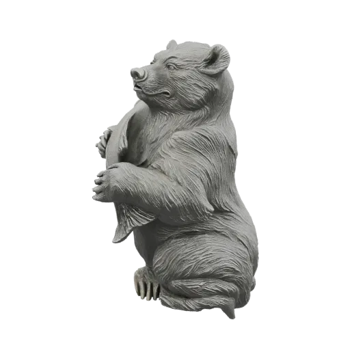 Modèle 3D d'une statue d'ours gris assis tenant un poisson dans ses pattes, vue de côté.