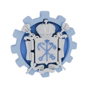 Rendering 3D di un emblema stilizzato con ingranaggio, stemma bianco e azzurro, corona e ancore incrociate, su sfondo bianco.