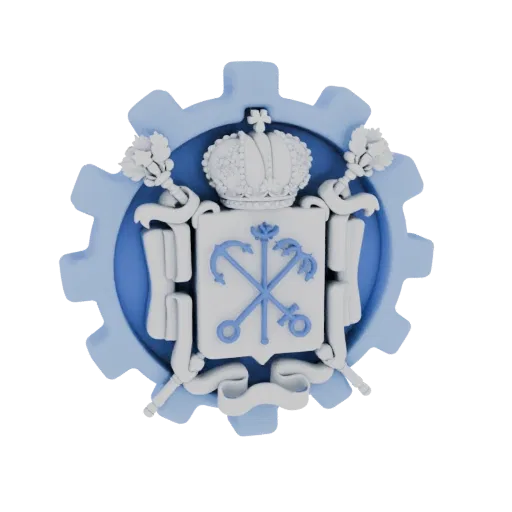 3D-Render eines stilisierten Zahnrad-Emblems mit weiß-blauem Wappen, Krone und gekreuzten Ankern, vor weißem Hintergrund.