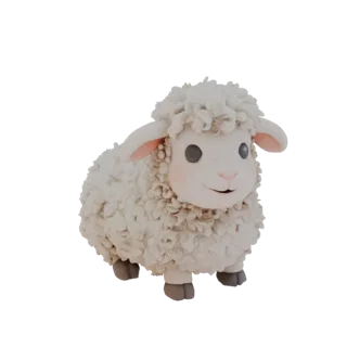 3D model of a cute lamb, styled as a clay toy with fluffy wool and kind eyes, sitting on a white background.