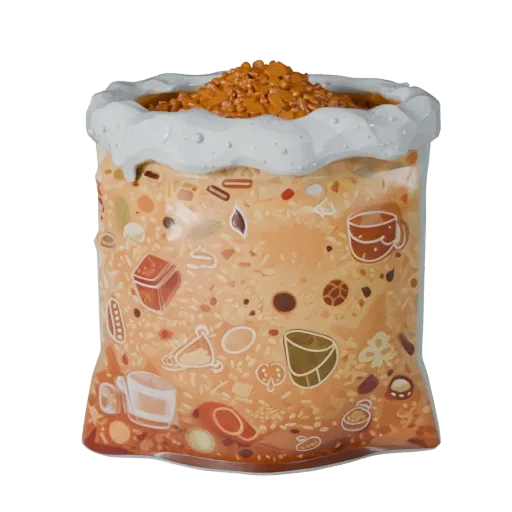 Spice Rice Sack Stylized 3D model, stylized isometric render, showing powders, small ingredient shapes.