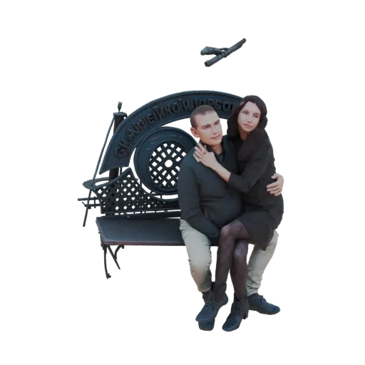 3D model of a couple sitting closely on an ornate, vintage-style bench, with the woman's arm around the man's shoulder.