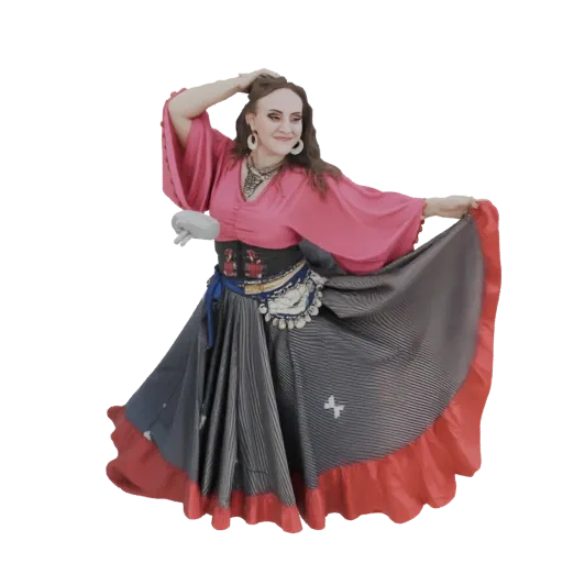 3D model of a gypsy dancer in a pink top and a long, striped skirt with a red ruffled hem, posed dynamically.