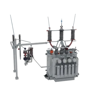 Modelo 3D de um transformador de potência industrial cinza com múltiplas aletas de refrigeração e medidores, conectado a um c