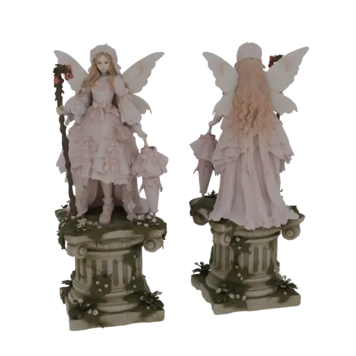 3D model of a Victorian fairy in a pink dress, holding a staff and parasol, standing on an ivy-covered pedestal.