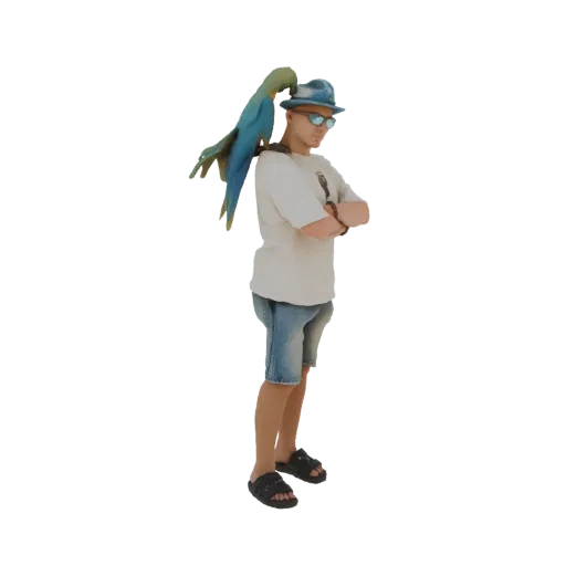 3D model of a man wearing a blue hat and sunglasses, with a blue and yellow parrot perched on his shoulder, arms crossed.