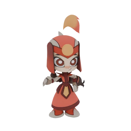 A 3D render of a Chibi Fire Warrior character with large eyes, wearing red and orange armor and a helmet with a flame crest.