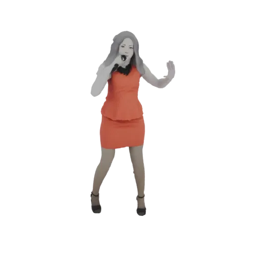 3D model of a female singer in an orange peplum dress, holding a microphone and striking a pose.