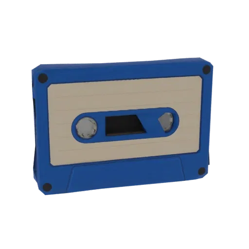 A 3D model of a vintage blue cassette tape with a cream label area, presented against a black background.