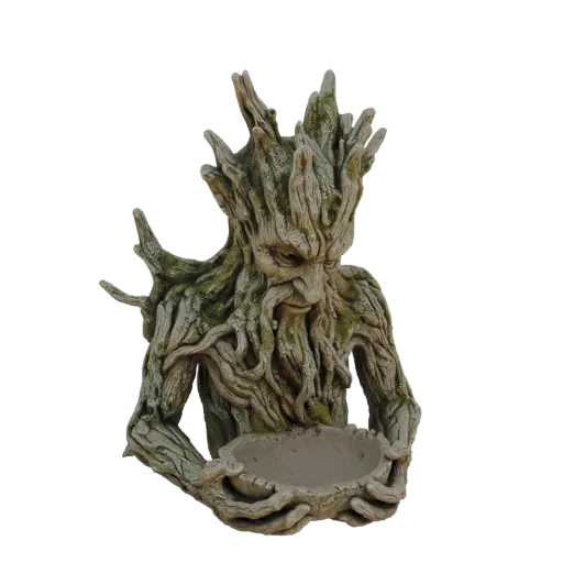 3D model of an ancient tree spirit bust with a planter bowl held in its hands, featuring detailed bark and moss textures.