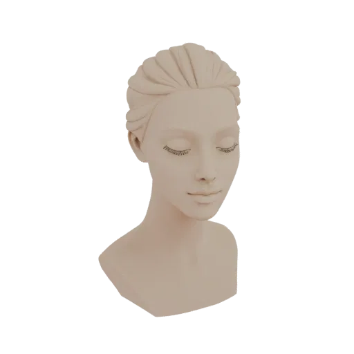 3D render of a stylized mannequin bust of an elegant young woman with closed eyes and a beige bun hairstyle, isolated on a wh