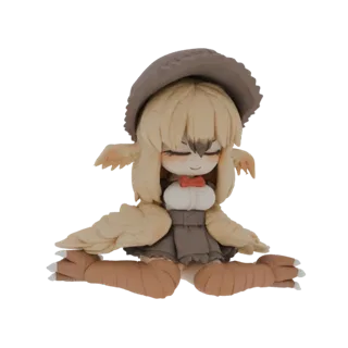 3D model of a cute owl girl character with large wings, wearing a grey hat and red bow tie, sitting down with eyes closed.