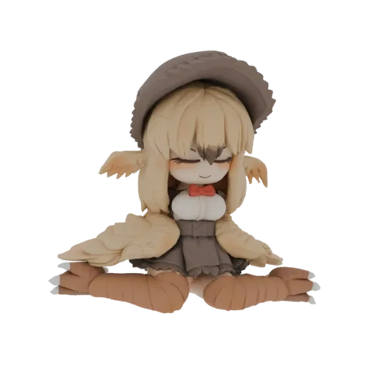 3D model of a cute owl girl character with large wings, wearing a grey hat and red bow tie, sitting down with eyes closed.