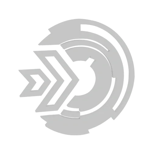 3D render of a futuristic abstract geometric emblem with sharp angles and circular segments, presented in a neutral gray tone