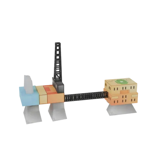 3D model of a modular oil rig with a black derrick, connecting walkway, and an orange helipad building against a black backgr