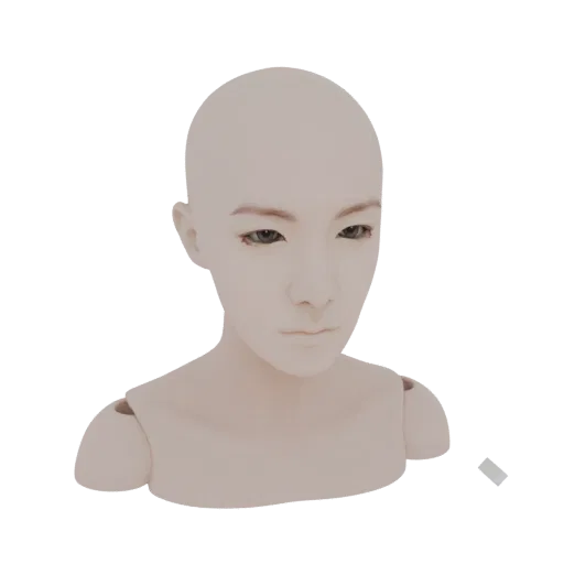 Renderização 3D de um busto humanoide neutro e careca com feições sutis e tom de pele bege claro.