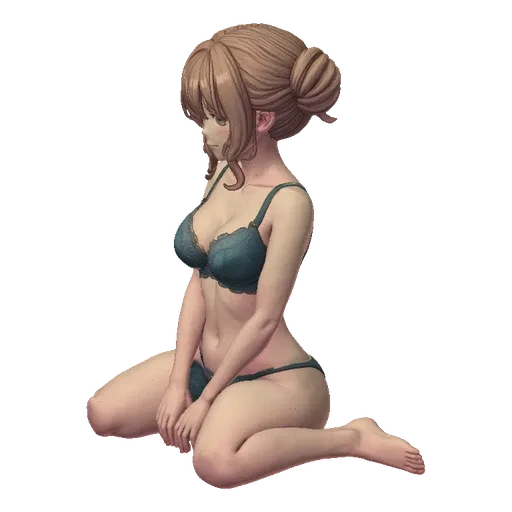 3D model of a woman with brown hair in buns, wearing a teal lace bra and panties, seated on the floor.