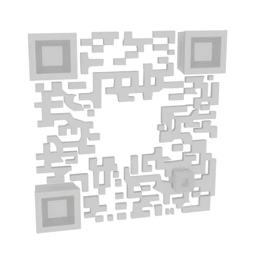 A 3D model of a gray QR code with raised square modules, presented against a white background.