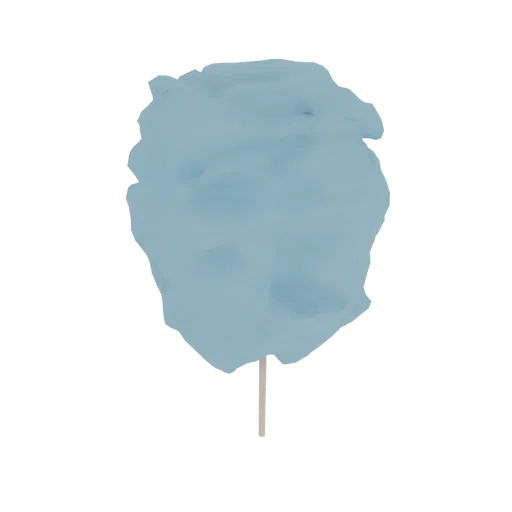 3D model of a fluffy, light blue cotton candy on a white stick, against a black background.
