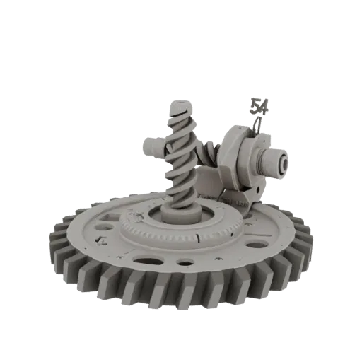 3D model of a worm gear pair with worm and worm wheel, demonstrating 54:1 reduction