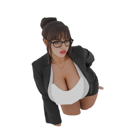 3D model of a businesswoman wearing a black blazer, white top, and glasses, with her hair styled elegantly.
