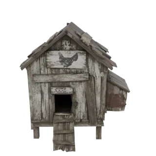 3D model of a rustic, weathered wooden chicken coop with a ladder and a chicken silhouette sign.