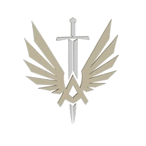 A 3D render of a silver sword with light beige wings spread outwards, a geometric 'A' emblem is visible at the center.