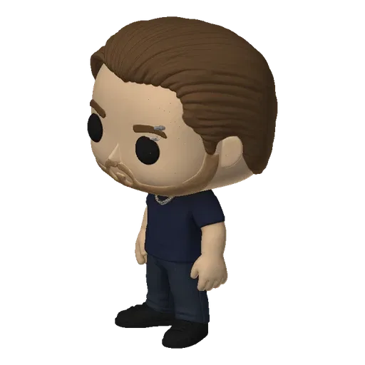 3D model of a stylized man in a Funko Pop style, wearing a dark t-shirt and pants, with a chain necklace and brown hair.