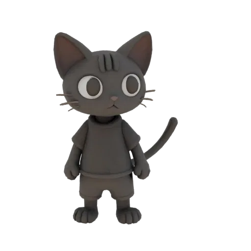 Modelo 3D de gato caricaturesco gris con camiseta y pantalones cortos, en pose antropomórfica, con ojos grandes.