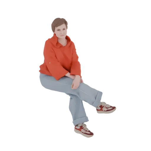 3D model of a woman sitting casually, wearing a red hoodie, blue jeans, and sneakers, with her legs crossed.