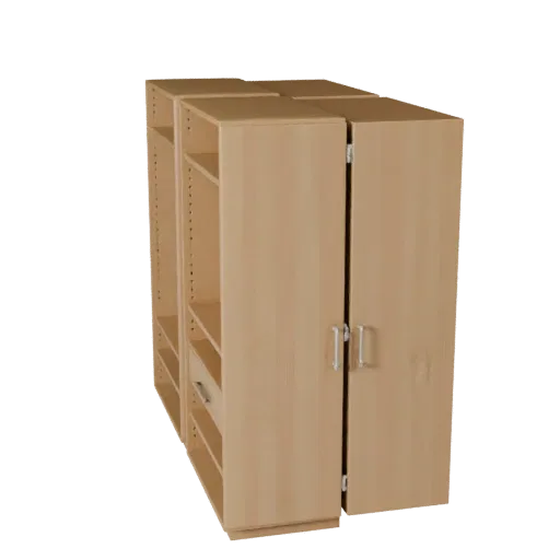 Floating Wardrobe Product Viz 3D model, bedroom, three-quarter studio product render, painted wood detail.
