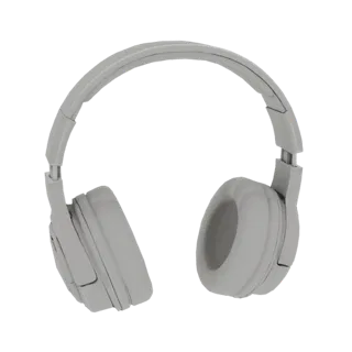 A 3D model of minimalist white over-ear headphones against a black background.