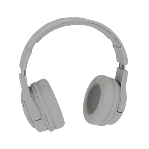 A 3D model of minimalist white over-ear headphones against a black background.
