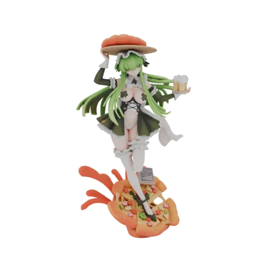 Modello 3D di una maid anime con capelli verdi, in abito da cameriera, in piedi su una fetta di pizza, con un boccale di birra e un vassoio per pizza.