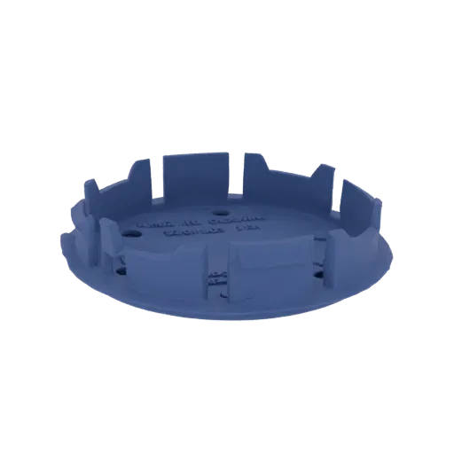 3D render of a blue wheel hub cap with visible clips and embossed text, isolated on a white background.