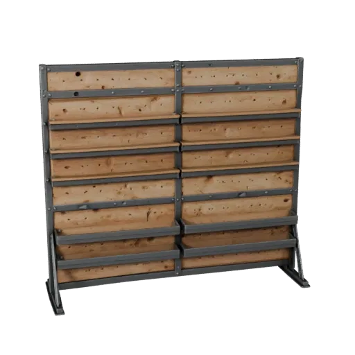 Modello 3D Pannello da Parete Garage, render studio a tre quarti, con telai in acciaio, fissaggi stabili.