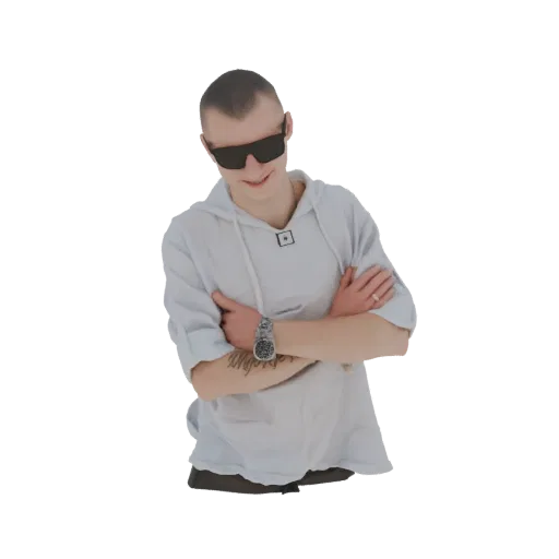 3D model of a young man with short hair, wearing dark sunglasses and a light hoodie, arms crossed.