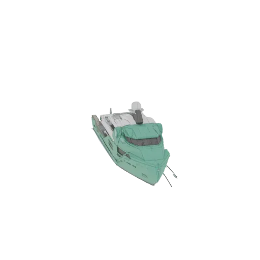 3D model of a modern yacht with a teal hull and white superstructure, viewed from a slightly elevated angle.