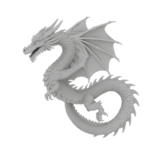 Modèle 3D détaillé d'un dragon gris majestueux aux ailes déployées, corps enroulé et traits acérés, présenté sur fond blanc.
